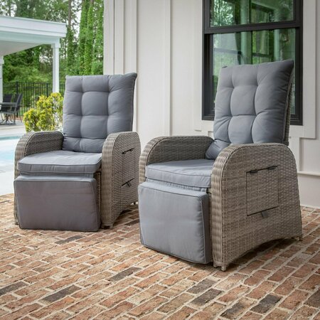 Flash Furniture Nemo Patio Wicker Rattan Recliner Lounge Chairs w/Flip up Side Tables, Gray, 2PK 2-LTS-0422-GY-GY-GG